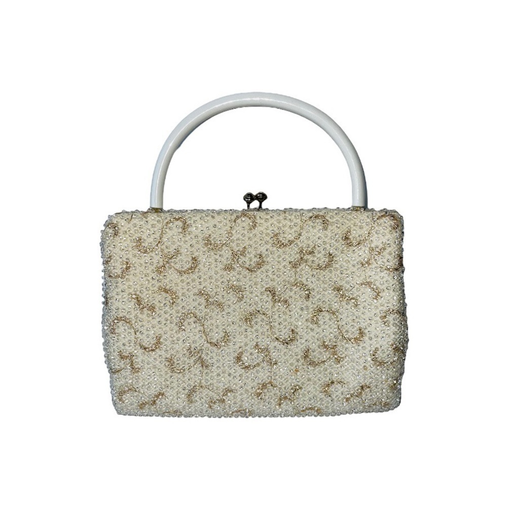 Vintage Lumured Cordé-Bead Purse 1950s Women’s Ivory White‎ Gold Clutch Handbag